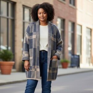 Preswick‎ & Moore Cardigan Blue & Tan Plaid open Front Pockets in Size L  NWT